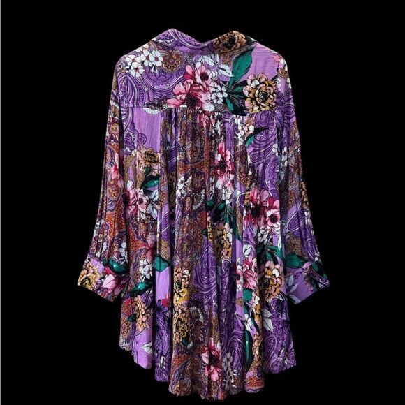 Roaman’s Floral Top Sz 18W Purple Paisley Blouse Long Sleeve High Low Tunic Boho - Picture 2 of 7